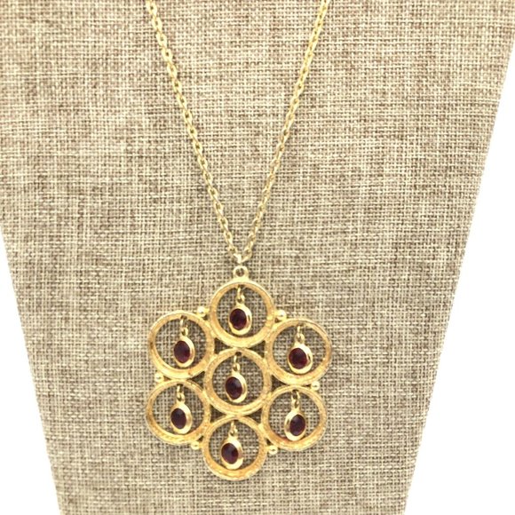 Vintage Crystal Waterfall Dangle Necklace Ruby Red Bezel Set Rhinestone Necklace - Picture 2 of 8